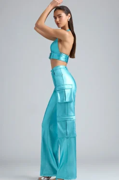 Oh Polly Women'S Clothing Sale - $65 And Under^Metallic Denim Cargo Trousers in Aqua