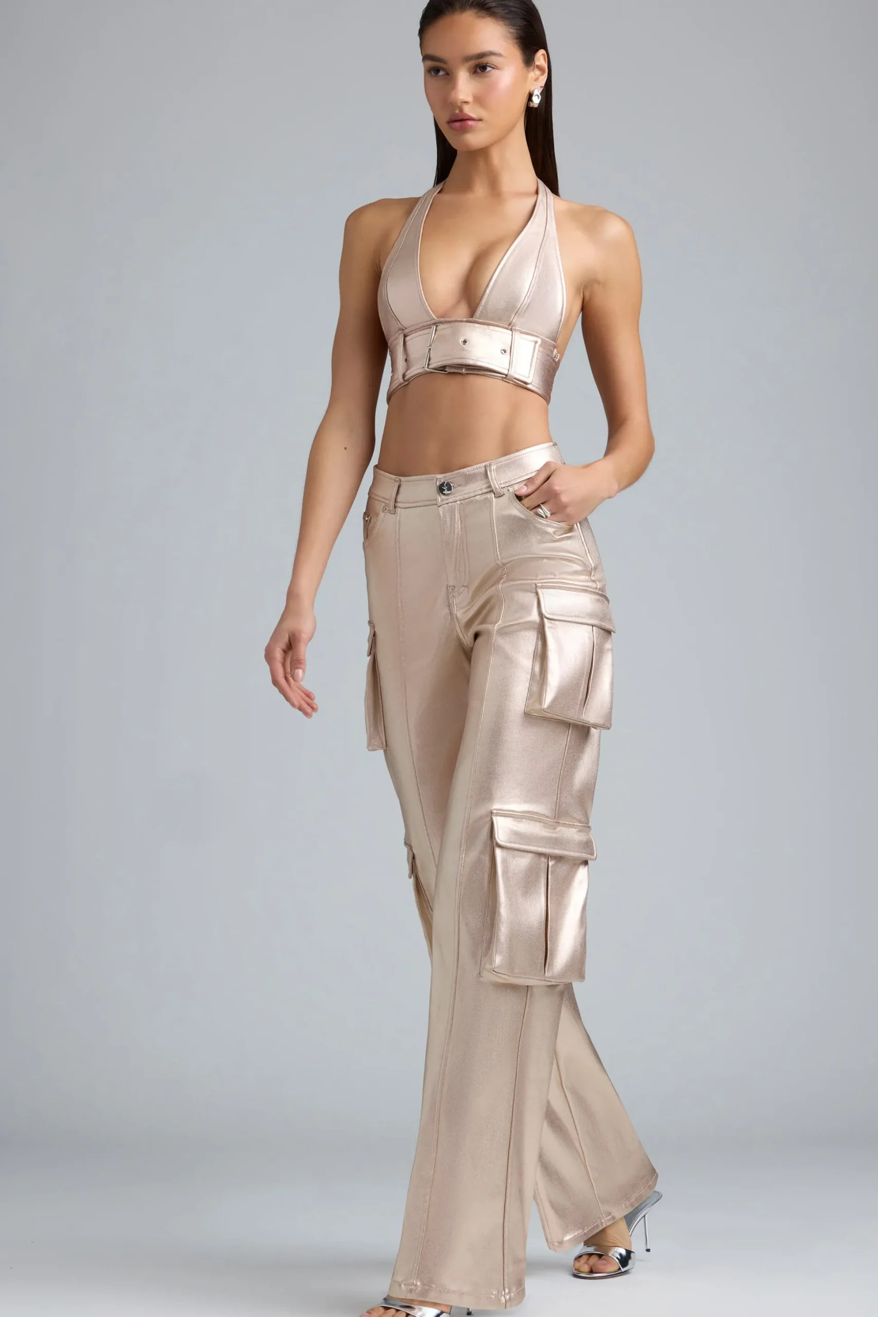 Oh Polly Women'S Clothing Sale - $65 And Under^Metallic Denim Cargo Trousers in Champagne