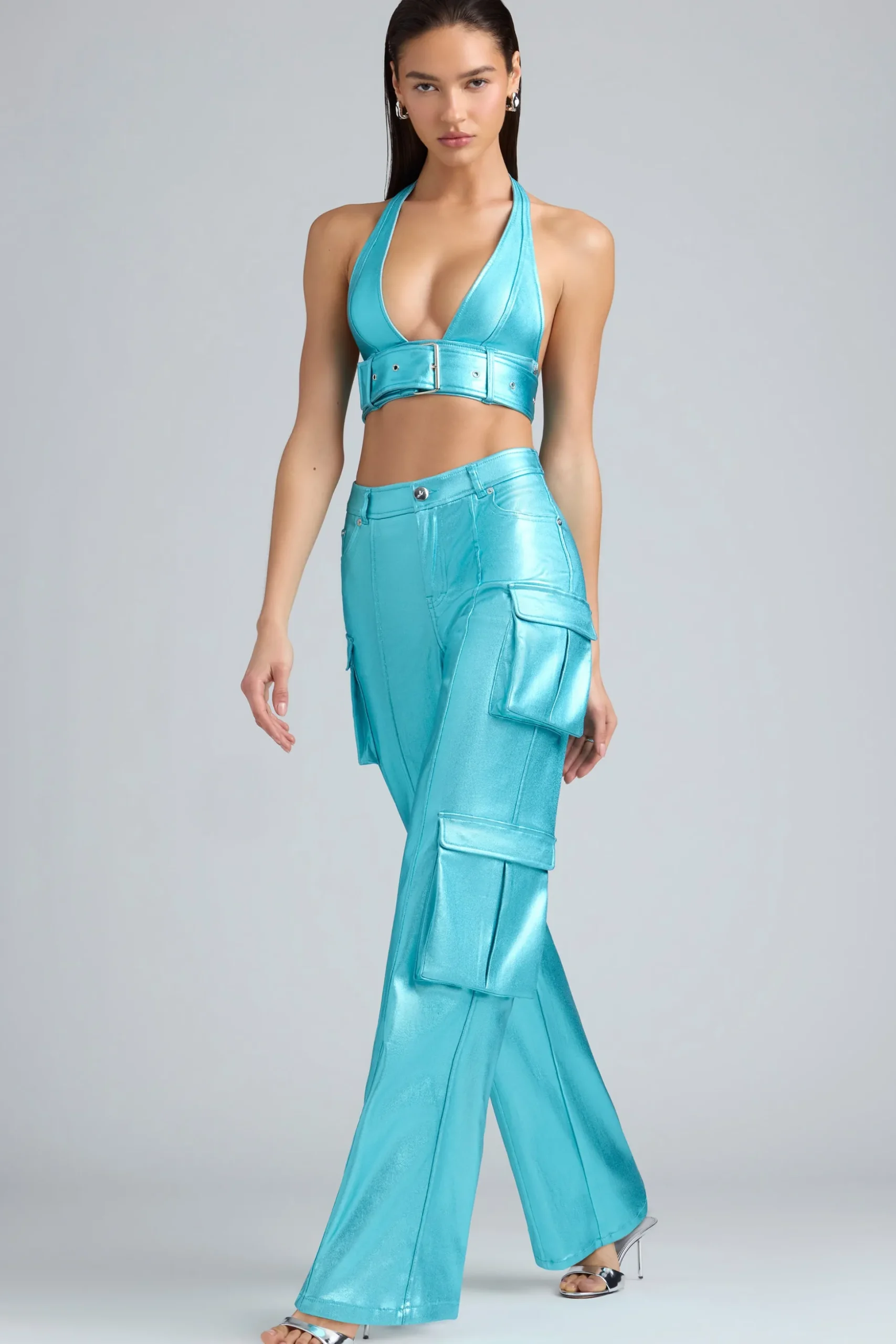 Oh Polly Women'S Clothing Sale - $65 And Under^Metallic Denim Cargo Trousers in Aqua