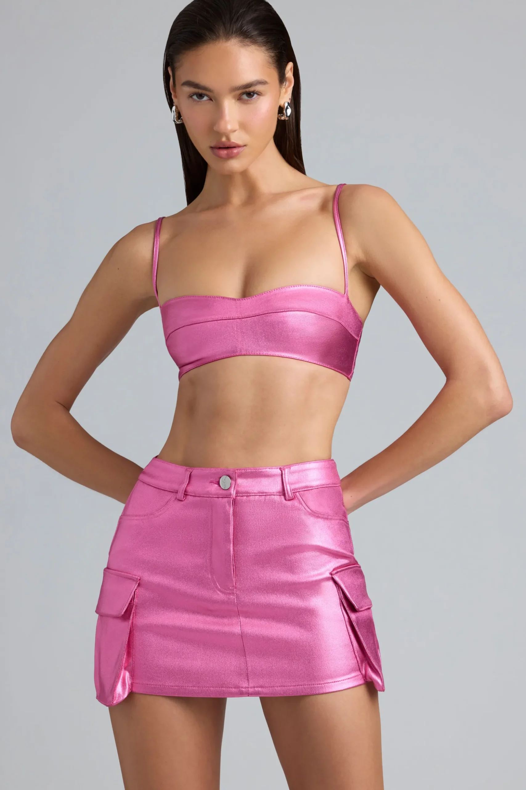 Oh Polly Women'S Clothing Sale - $65 And Under^Metallic Denim Mid-Rise Cargo Skirt in Deep Pink DeepPink