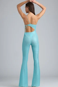 Oh Polly Women'S Clothing Sale - $65 And Under | Women'S Clothing Sale - $40 And Under^Metallic Ruched Cut-Out Flared Jumpsuit in Ice Blue IceBlue