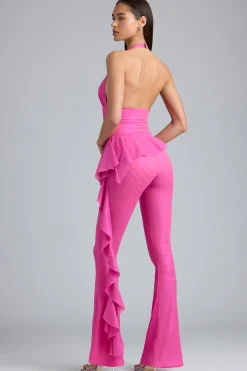 Oh Polly Women'S Clothing Sale - $65 And Under^Metallic Ruffle Low-Rise Flared Trousers in Bubblegum Pink BubblegumPink