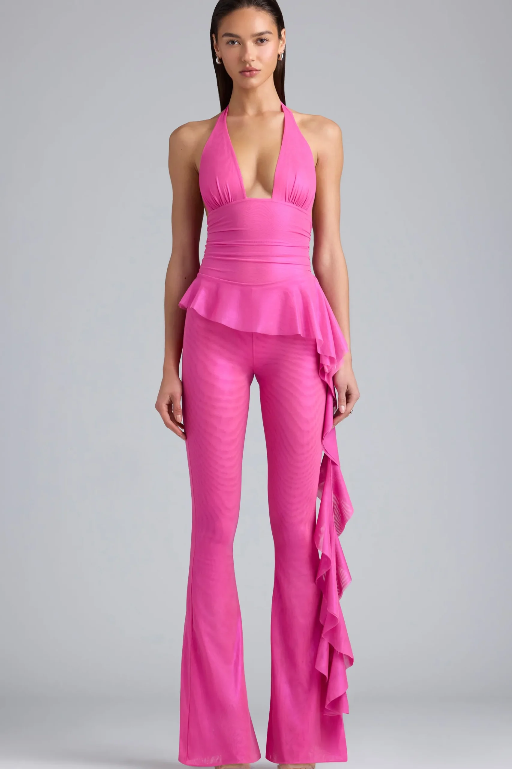 Oh Polly Women'S Clothing Sale - $65 And Under^Metallic Ruffle Low-Rise Flared Trousers in Bubblegum Pink BubblegumPink