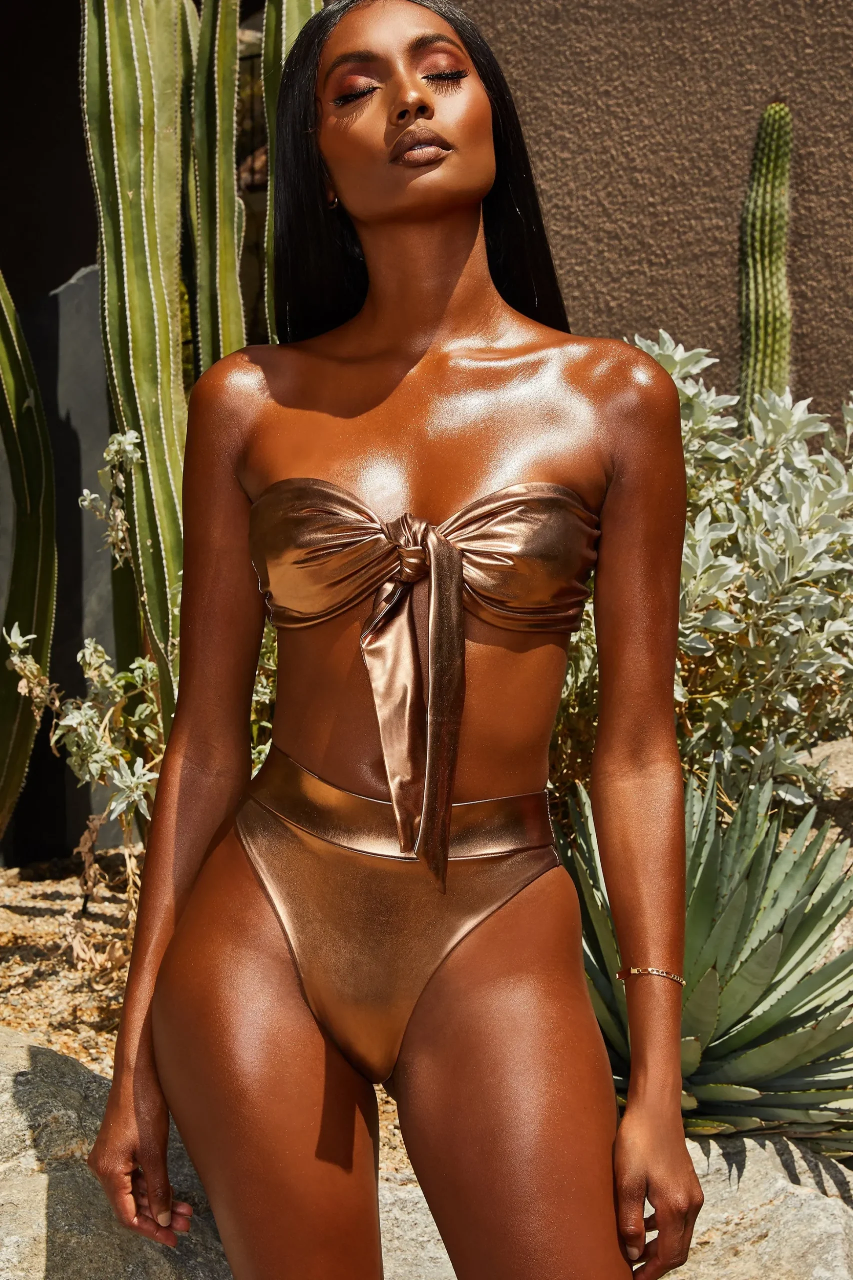 Oh Polly Women'S Clothing Sale - $65 And Under | Women'S Clothing Sale - $40 And Under^Metallic Tie Front Bandeau Bikini Top in Bronze