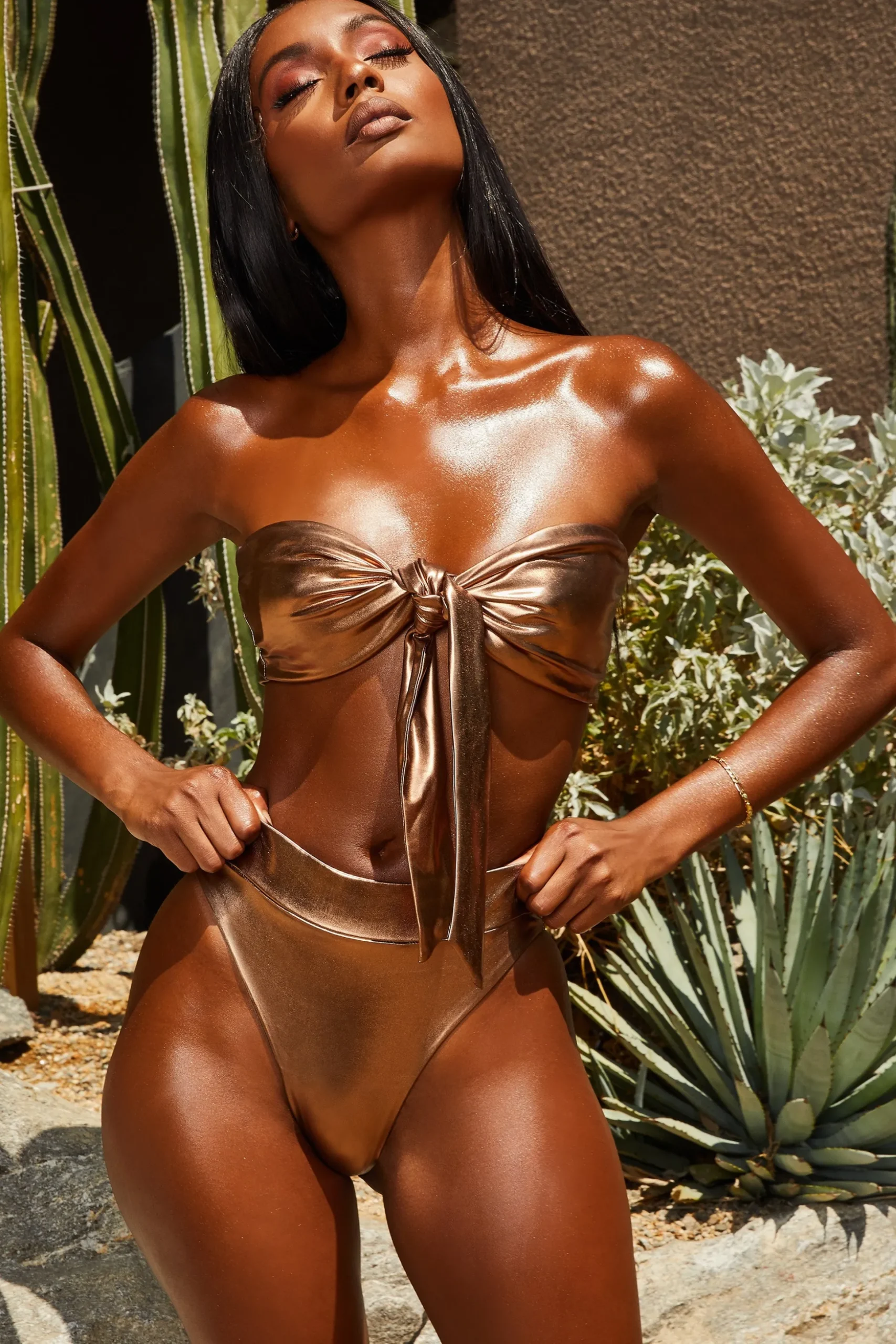 Oh Polly Women'S Clothing Sale - $65 And Under | Women'S Clothing Sale - $40 And Under^Metallic Tie Front Bandeau Bikini Top in Bronze