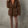 Oh Polly Coats^Mid Length Hooded Puffer Coat in Cocoa Brown CocoaBrown