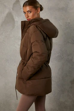 Oh Polly Coats^Mid Length Hooded Puffer Coat in Cocoa Brown CocoaBrown