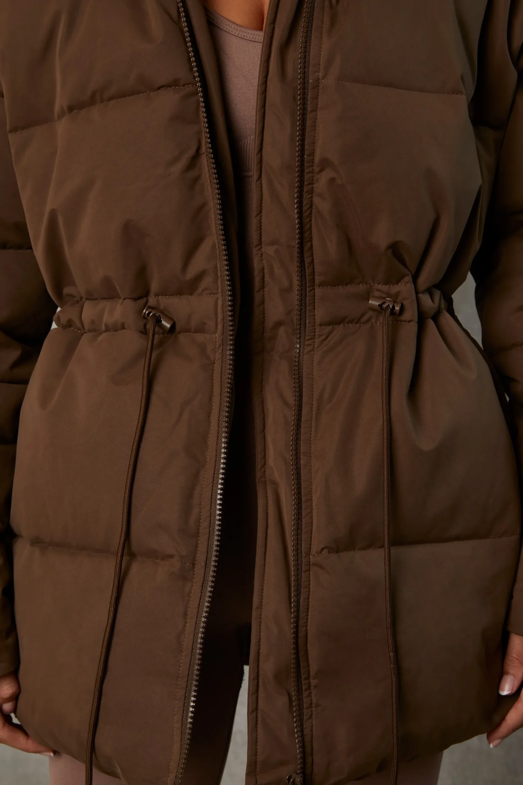 Oh Polly Coats^Mid Length Hooded Puffer Coat in Cocoa Brown CocoaBrown