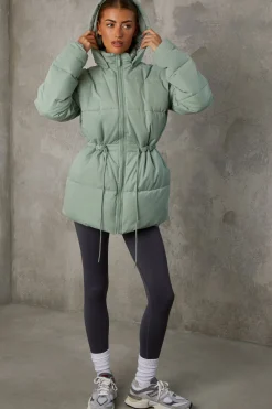 Oh Polly Coats^Mid Length Hooded Puffer Coat in Iceberg Green IcebergGreen