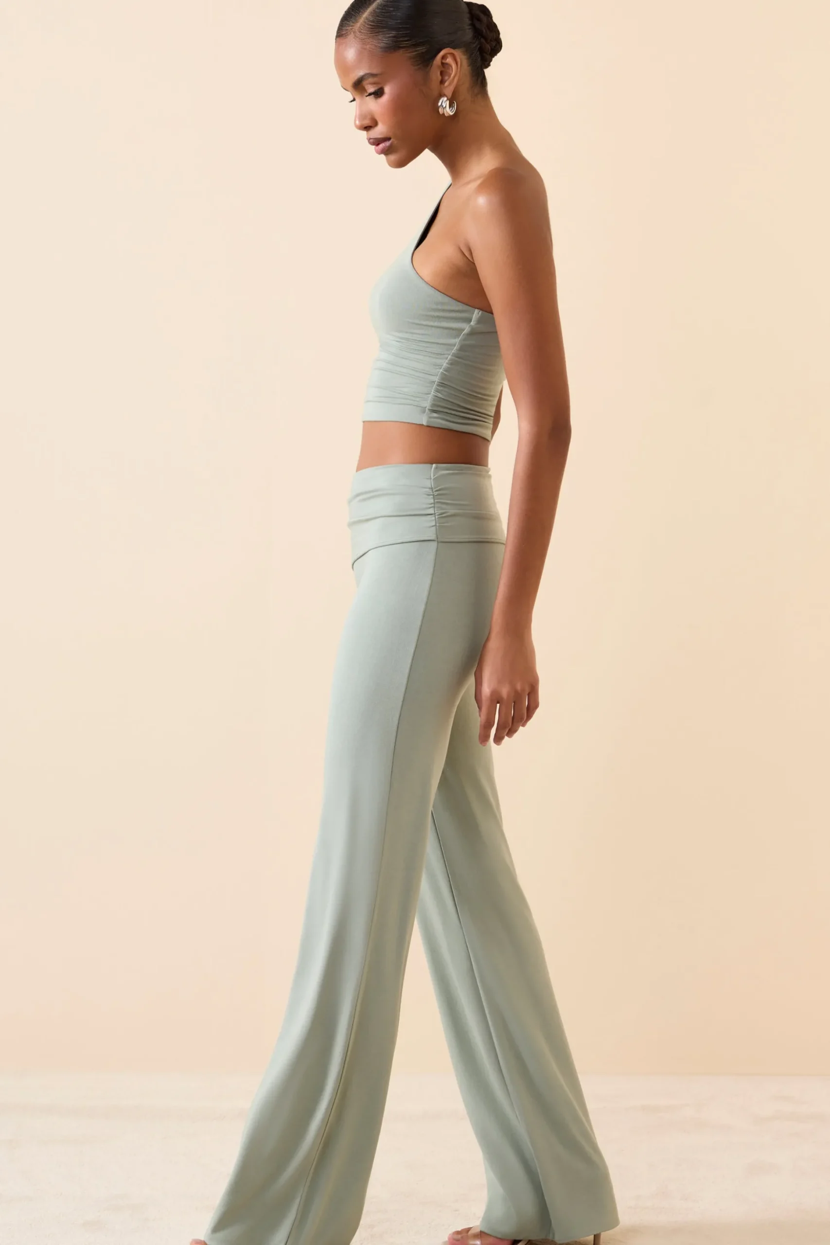 Oh Polly Bottoms | Co-Ords^Mid Rise Straight Leg Trousers in Smoke Green