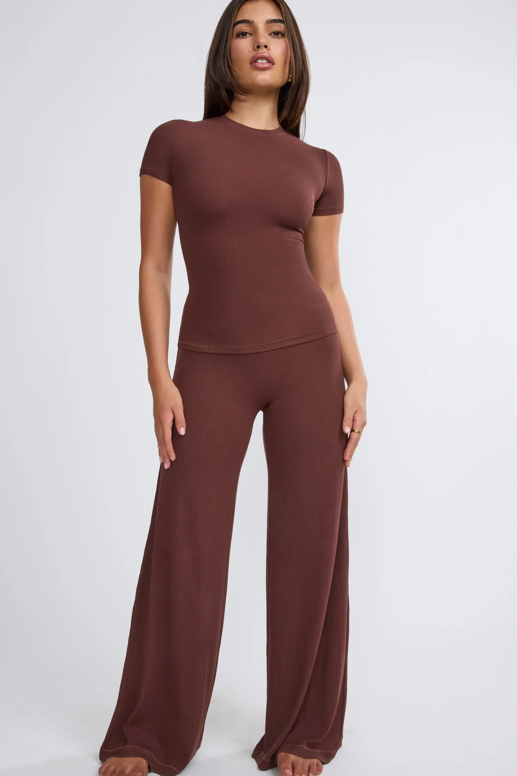 Oh Polly Bottoms | Co-Ords^Mid Rise Wide Leg Trouser in Chocolate