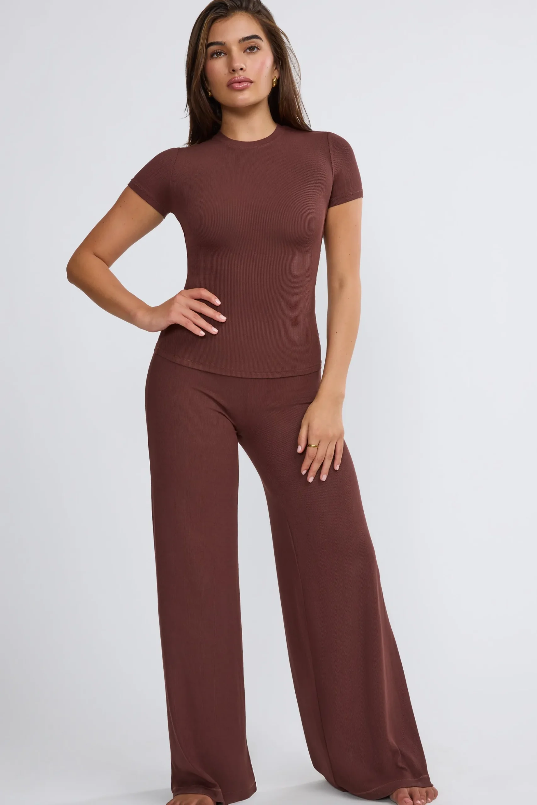 Oh Polly Bottoms | Co-Ords^Mid Rise Wide Leg Trouser in Chocolate