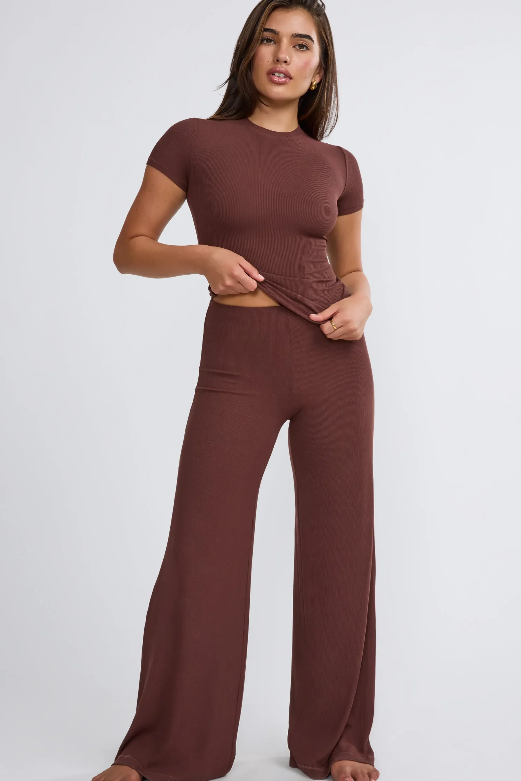 Oh Polly Bottoms | Co-Ords^Mid Rise Wide Leg Trouser in Chocolate
