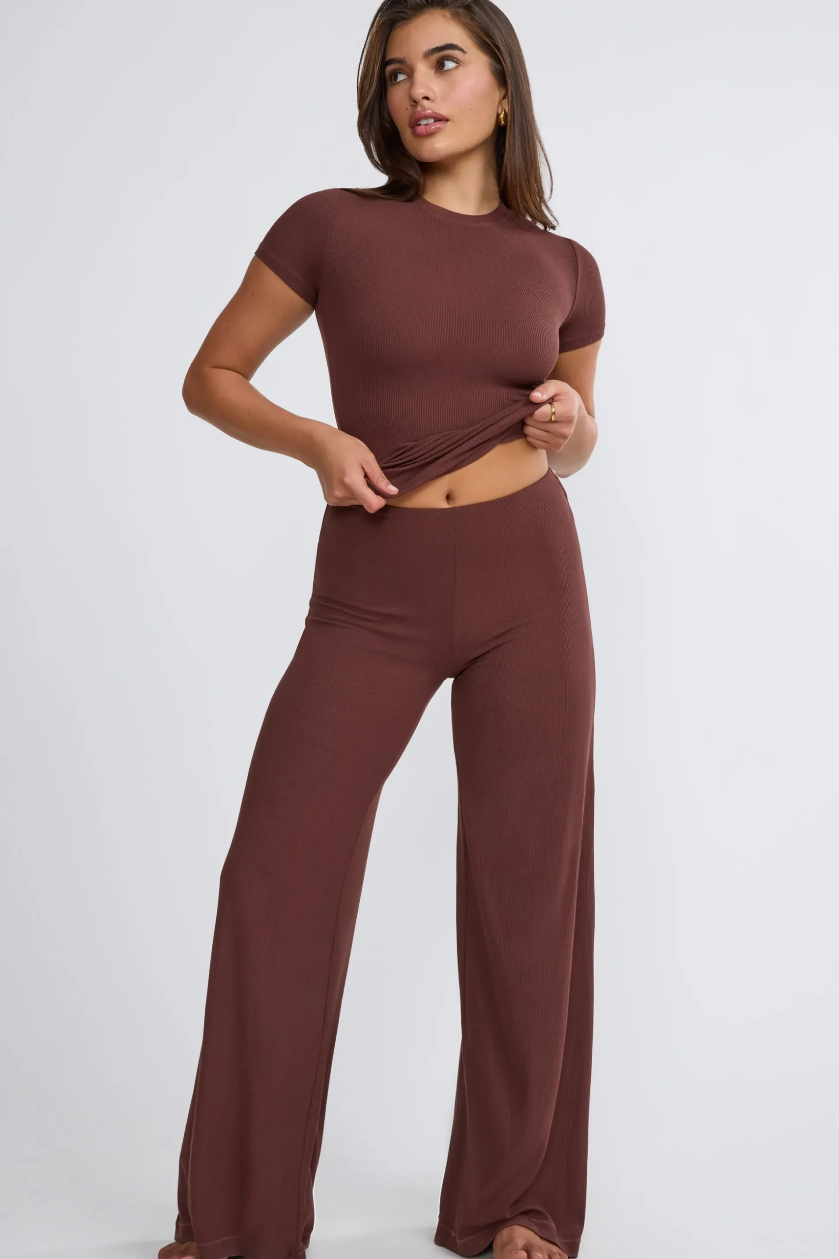 Oh Polly Bottoms | Co-Ords^Mid Rise Wide Leg Trouser in Chocolate
