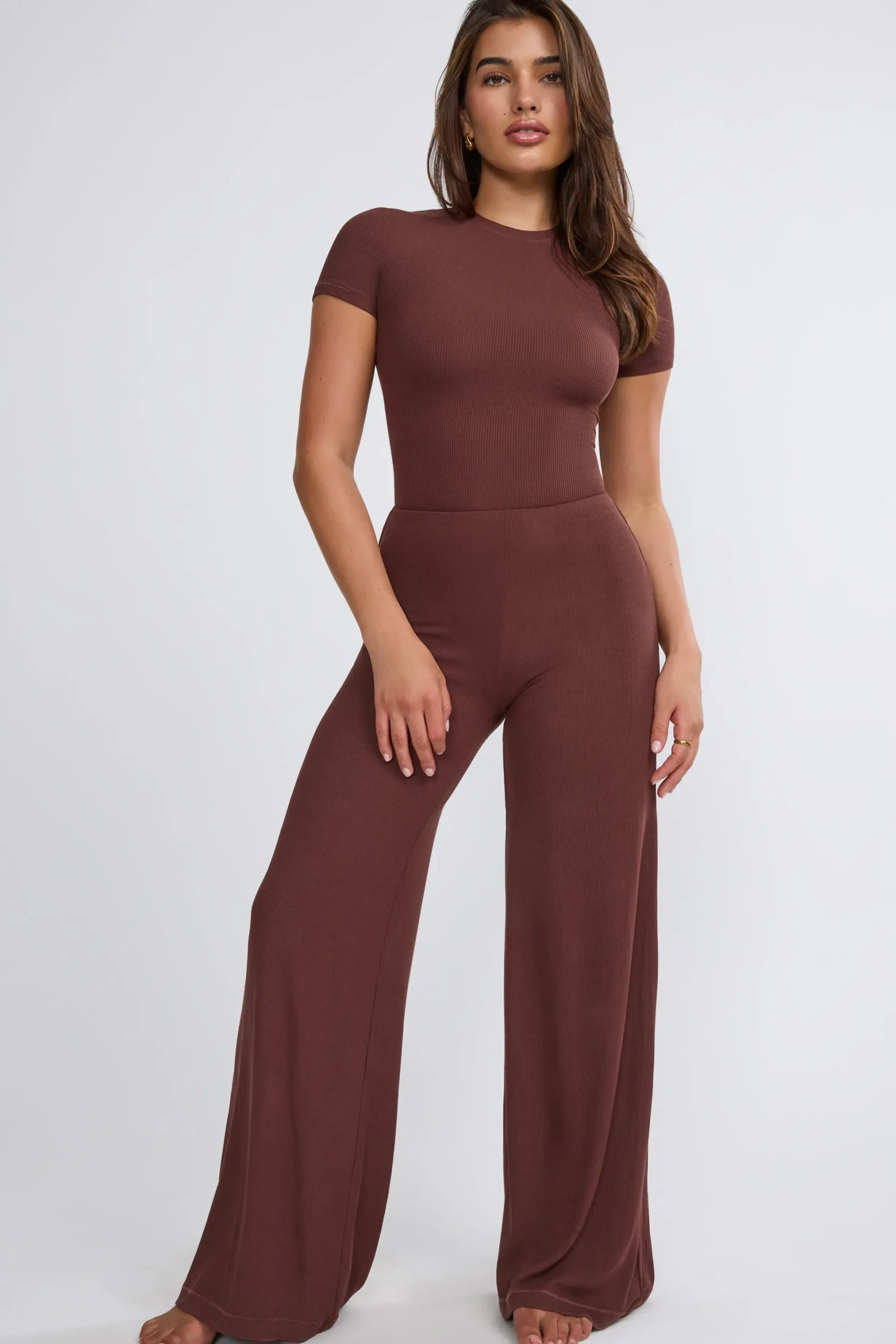 Oh Polly Bottoms | Co-Ords^Mid Rise Wide Leg Trouser in Chocolate