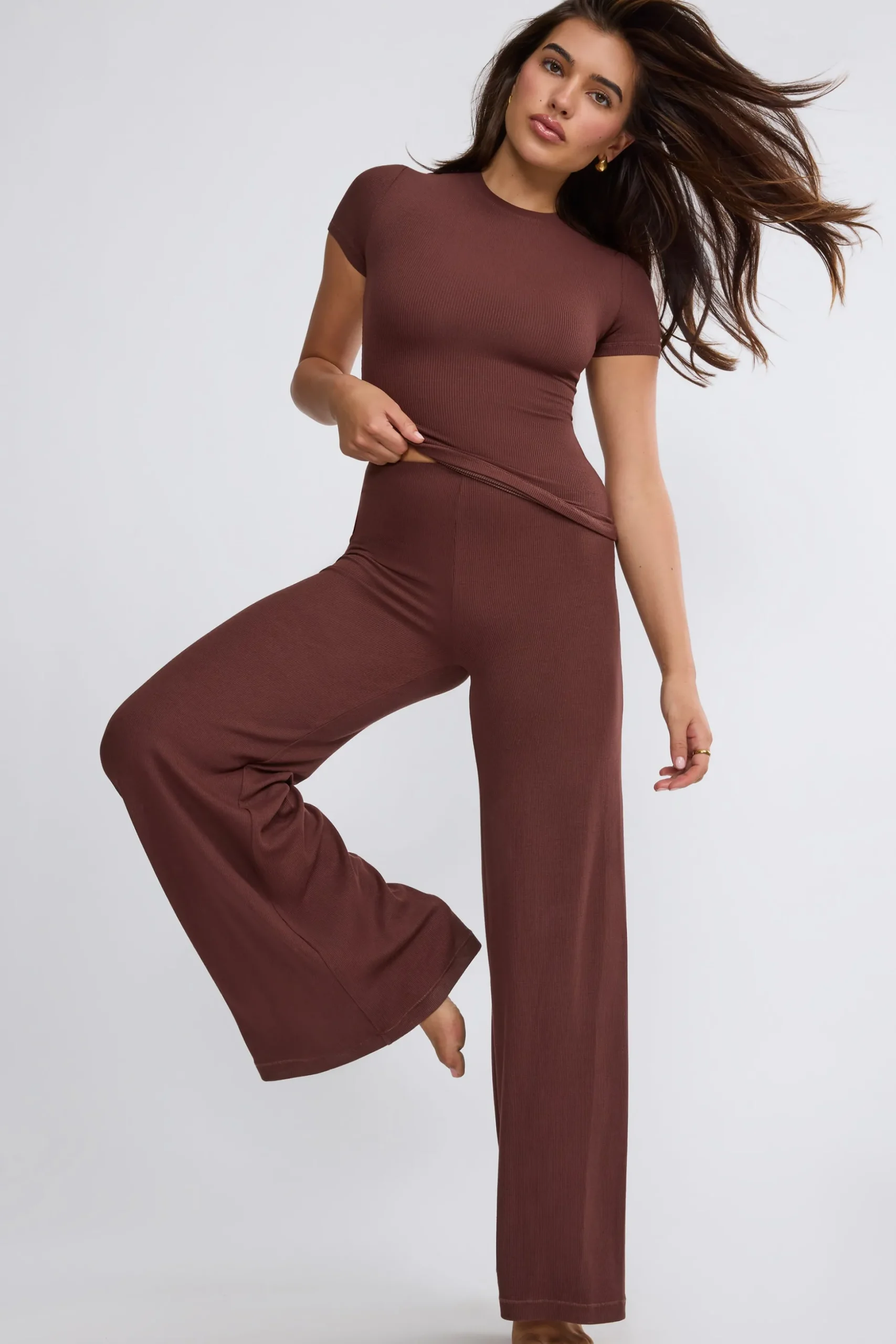 Oh Polly Bottoms | Co-Ords^Mid Rise Wide Leg Trouser in Chocolate
