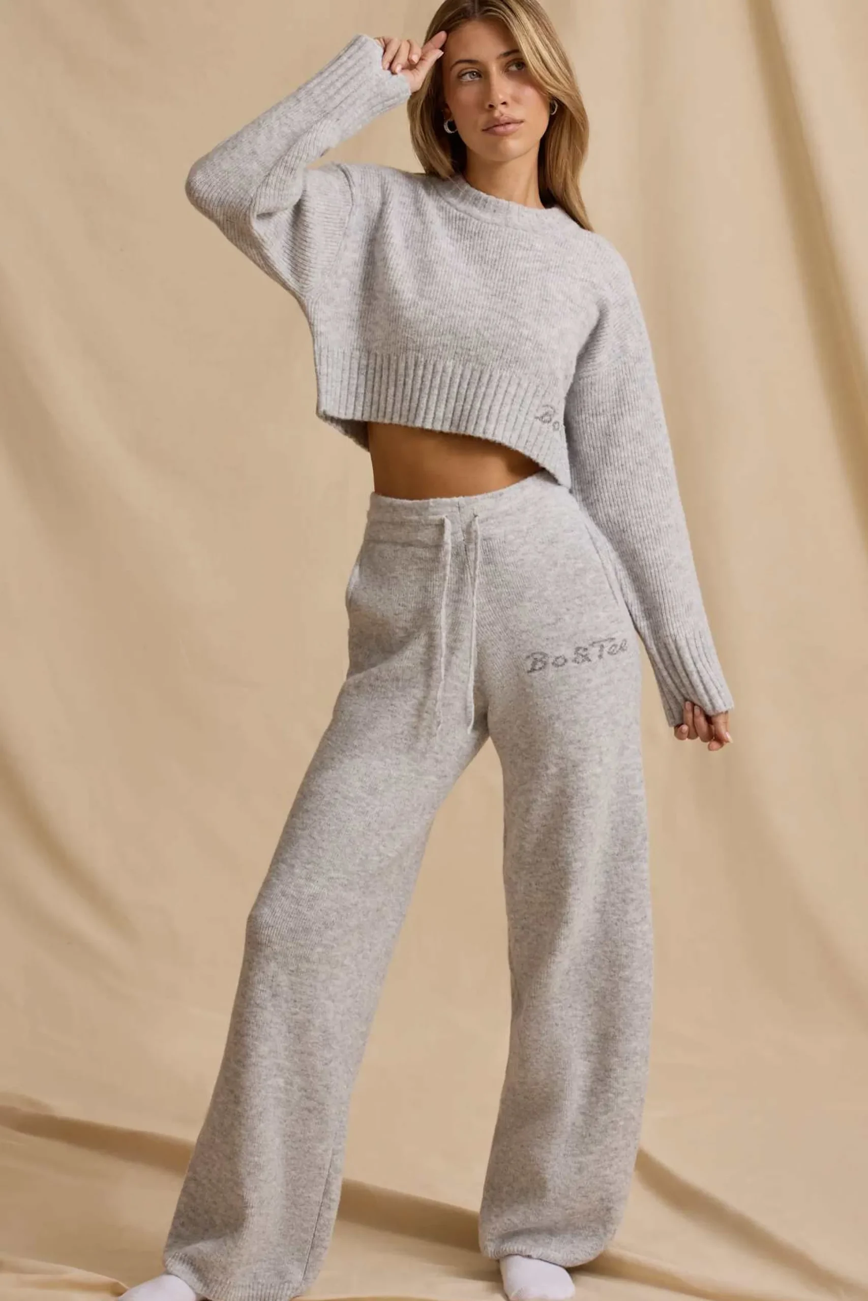Oh Polly Knitwear | Tracksuits^Mid-Rise Wide-Leg Joggers in Ice Marl IceMarl
