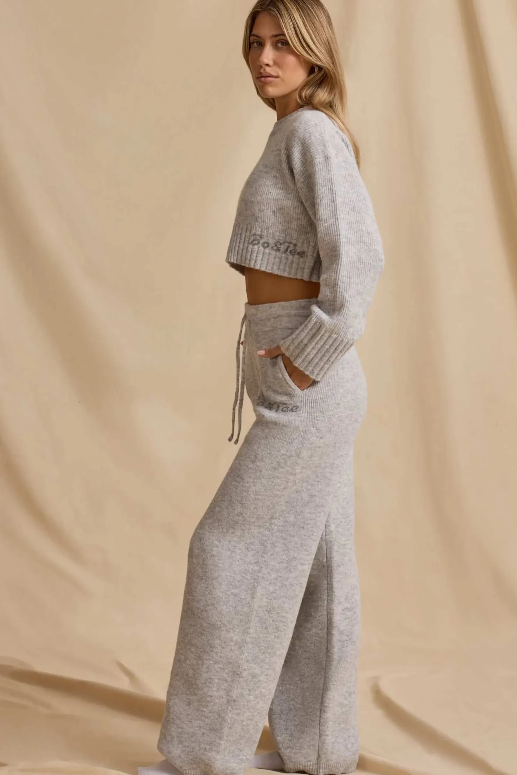 Oh Polly Knitwear | Tracksuits^Mid-Rise Wide-Leg Joggers in Ice Marl IceMarl