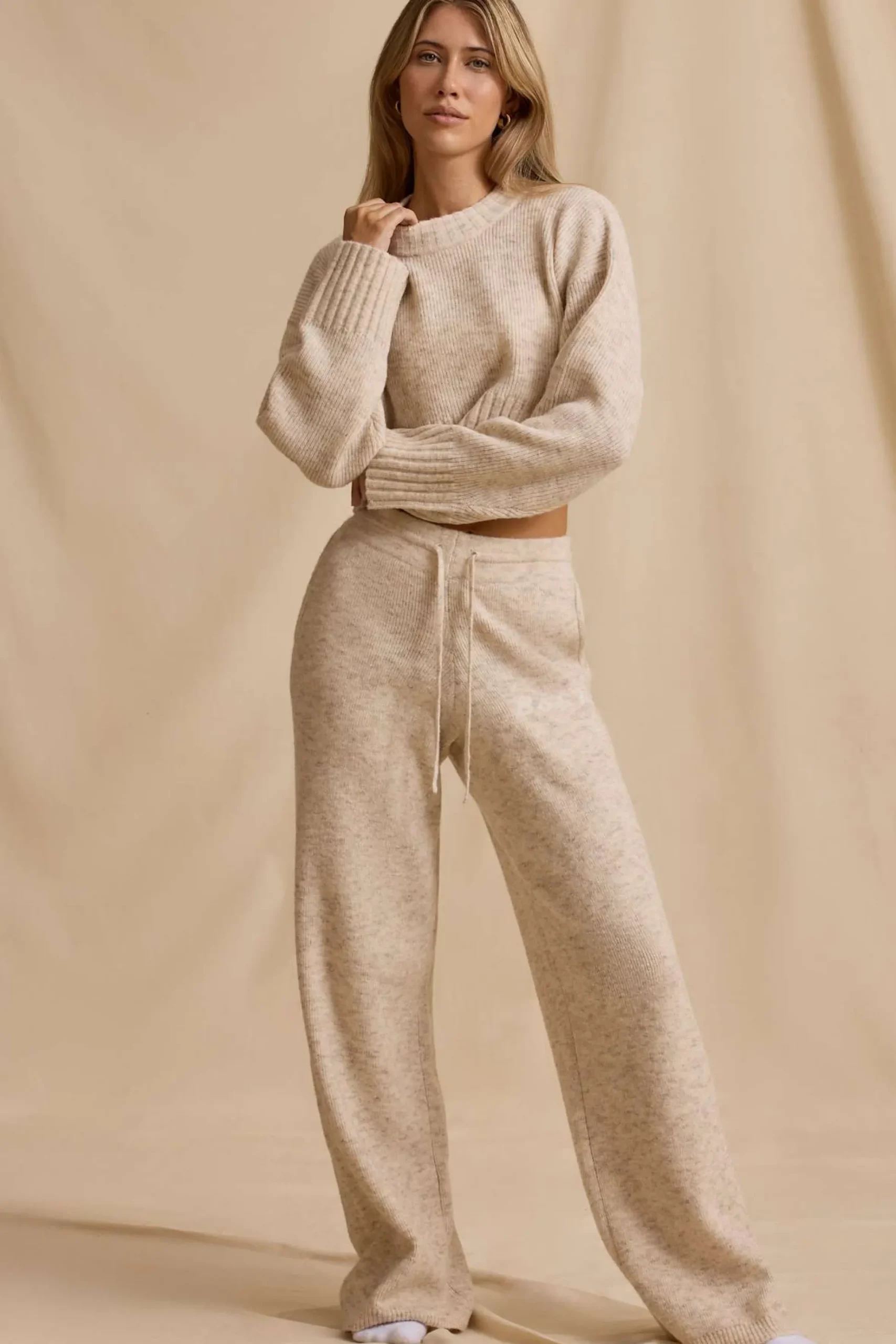 Oh Polly Knitwear | Tracksuits^Mid-Rise Wide-Leg Joggers in Cream Marl CreamMarl