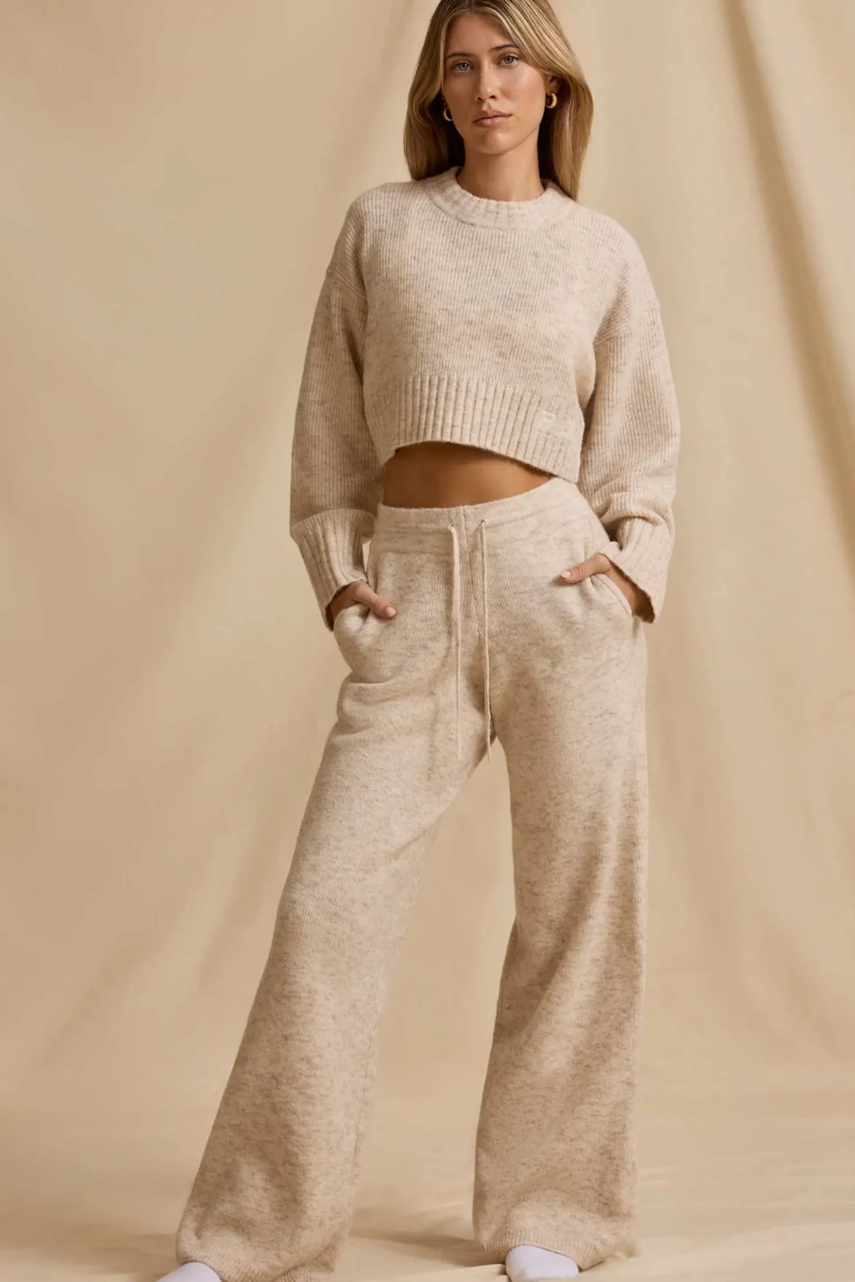 Oh Polly Knitwear | Tracksuits^Mid-Rise Wide-Leg Joggers in Cream Marl CreamMarl