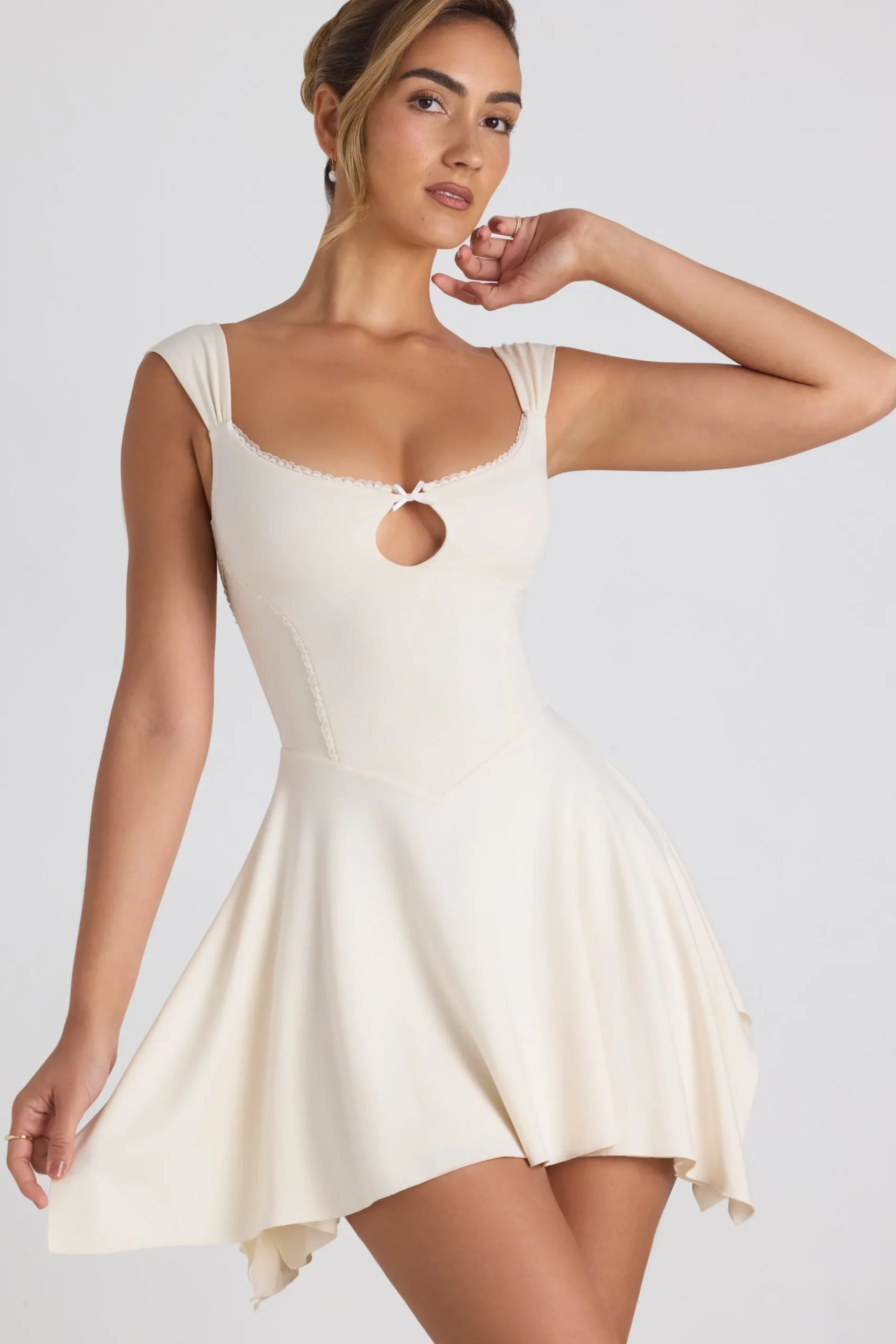 Oh Polly Tencel™ Modal Dresses^Modal Asymmetric Lace-Trim A-Line Mini Dress in Ivory