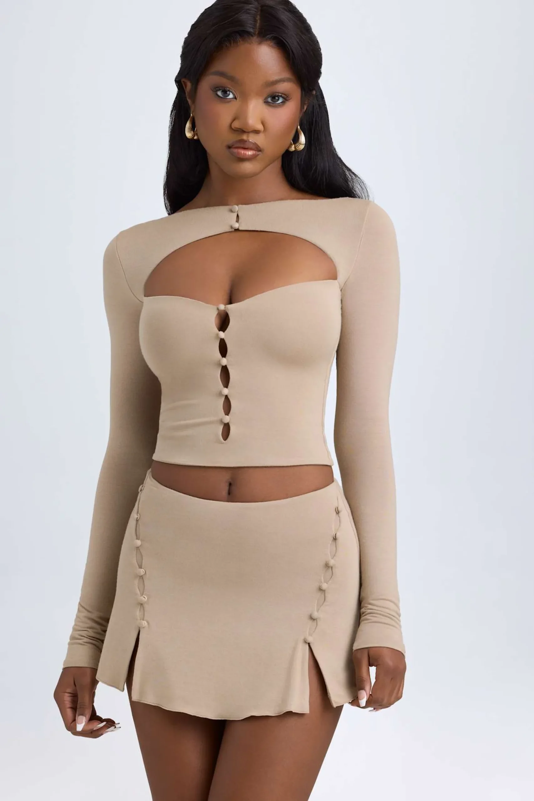 Oh Polly Skirts & Skorts | Bottoms^Modal Button-Detail Low-Rise Mini Skirt in Taupe
