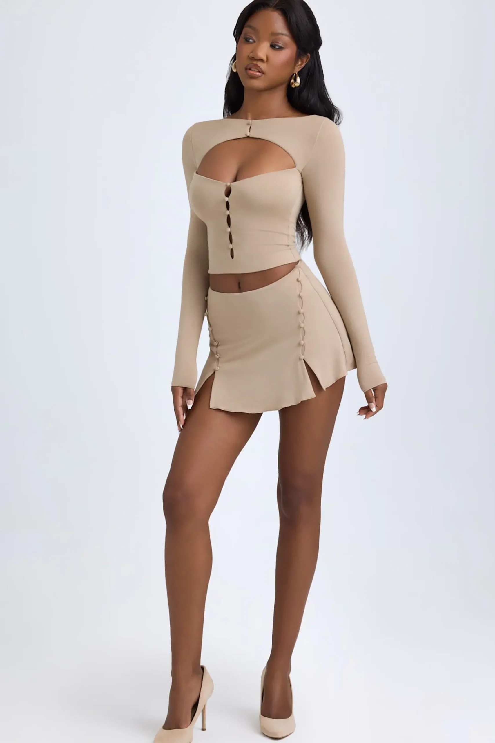Oh Polly Skirts & Skorts | Bottoms^Modal Button-Detail Low-Rise Mini Skirt in Taupe