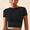 Oh Polly Tops^Modal Cap-Sleeve Crop Top in Black