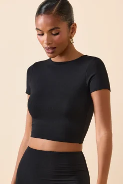 Oh Polly Tops^Modal Cap-Sleeve Crop Top in Black