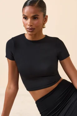 Oh Polly Tops^Modal Cap-Sleeve Crop Top in Black