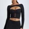 Oh Polly Tops^Modal Cut-Out Button-Detail Top in Black