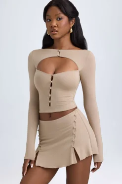 Oh Polly Tops^Modal Cut-Out Button-Detail Top in Taupe