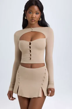 Oh Polly Tops^Modal Cut-Out Button-Detail Top in Taupe