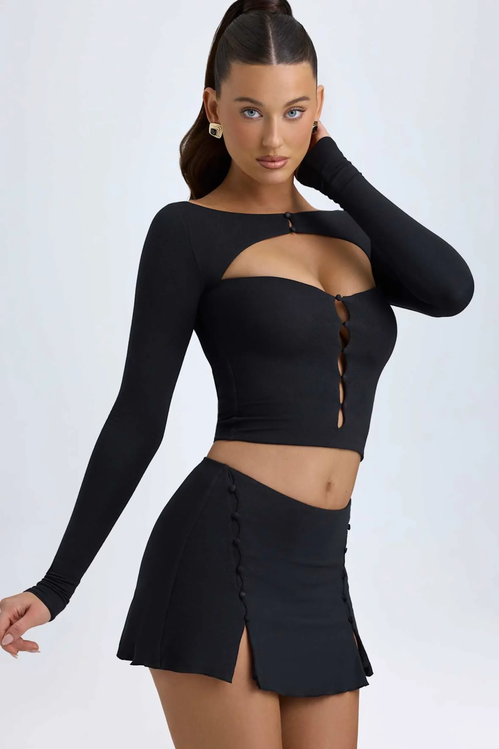 Oh Polly Tops^Modal Cut-Out Button-Detail Top in Black