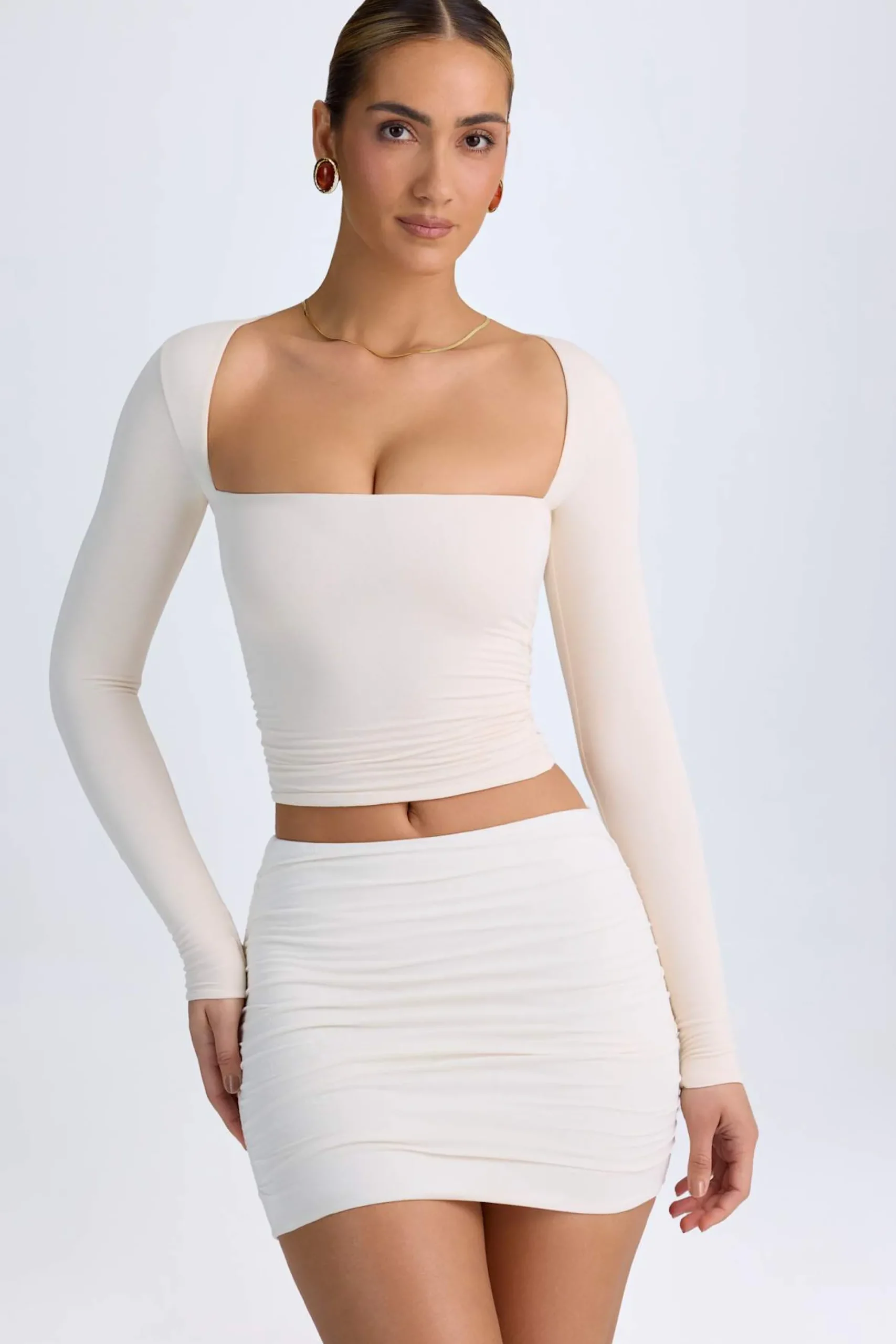 Oh Polly Tops^Modal Halterneck Ruched Top in Ivory