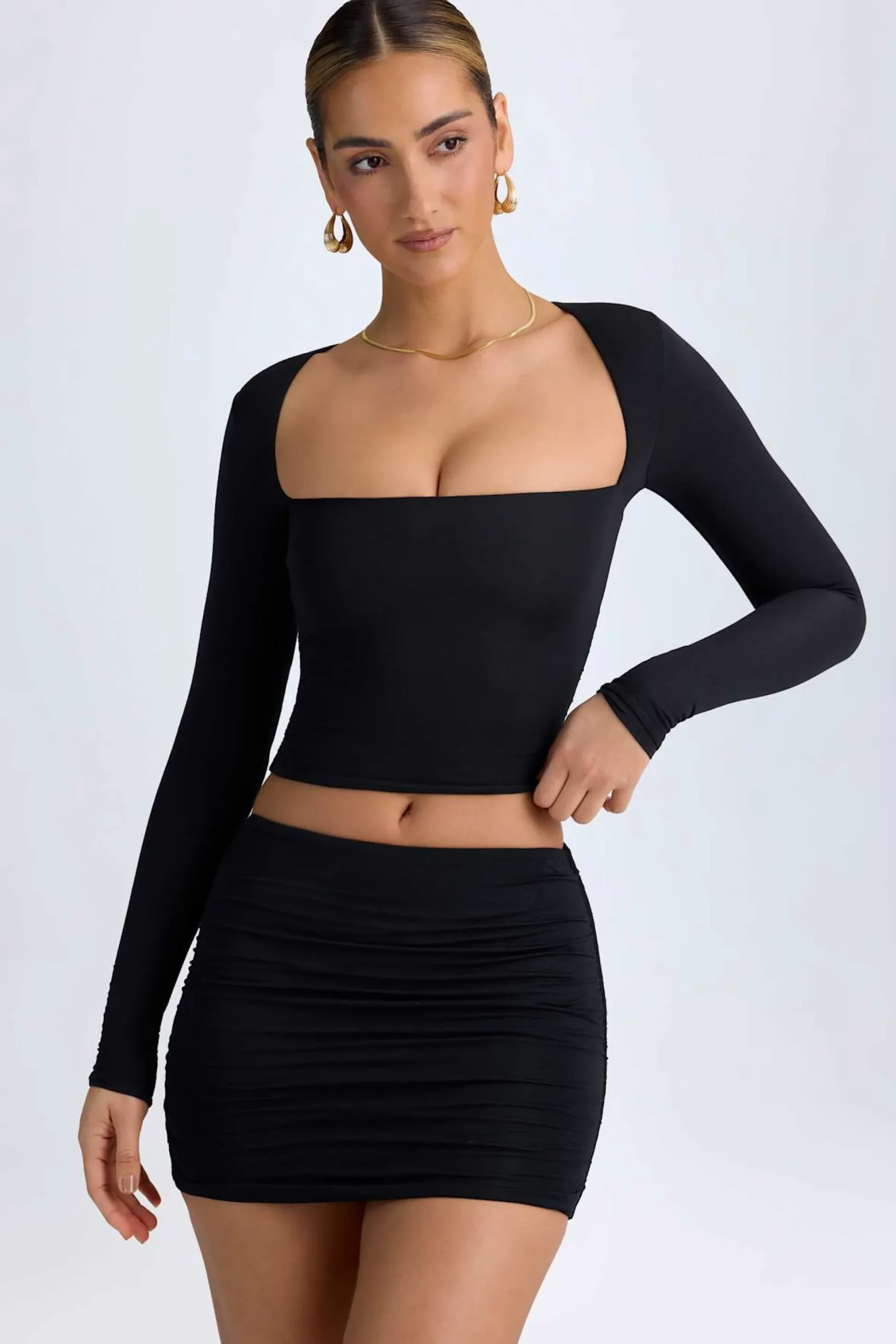 Oh Polly Tops^Modal Halterneck Ruched Top in Black