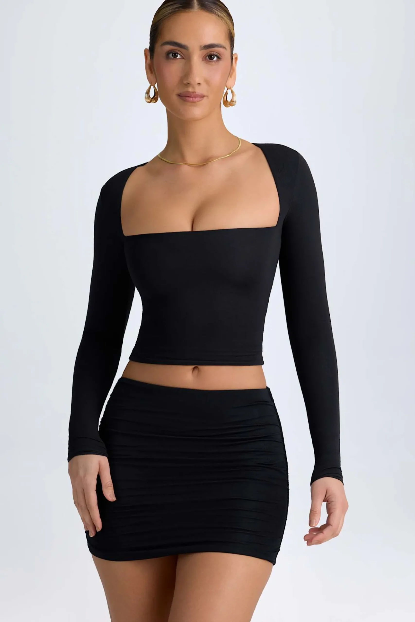 Oh Polly Tops^Modal Halterneck Ruched Top in Black
