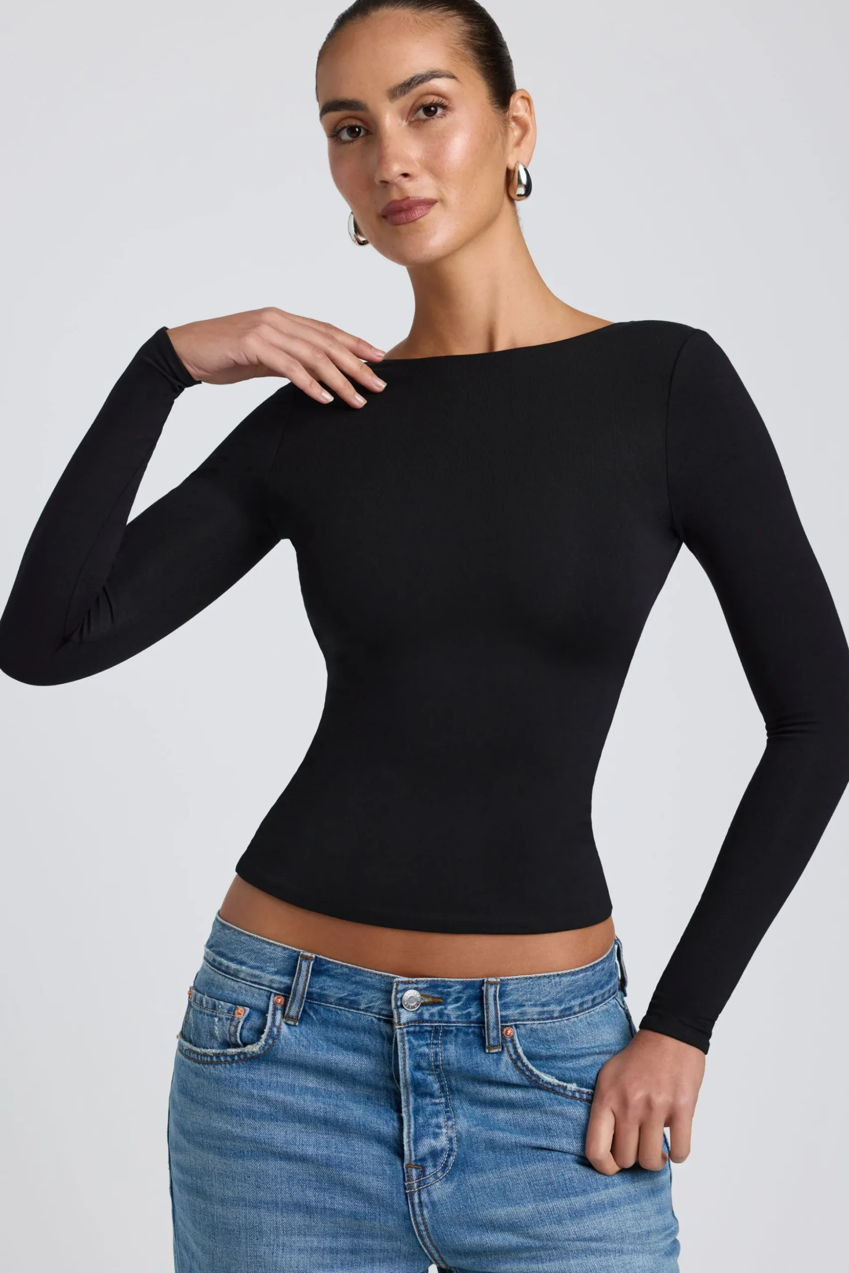 Oh Polly Co-Ords | Tops^Modal High Neck Long Sleeve Open Back Top in Black