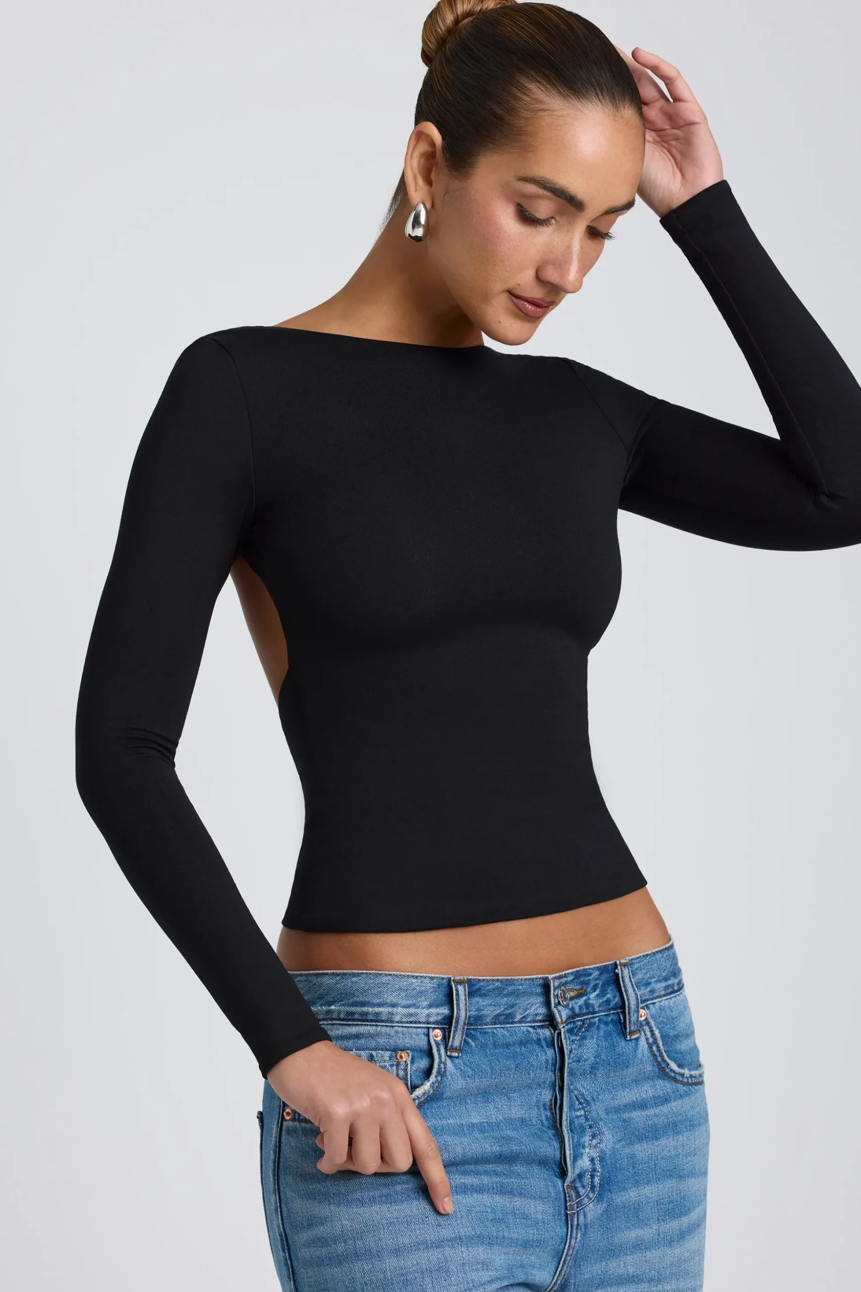 Oh Polly Co-Ords | Tops^Modal High Neck Long Sleeve Open Back Top in Black