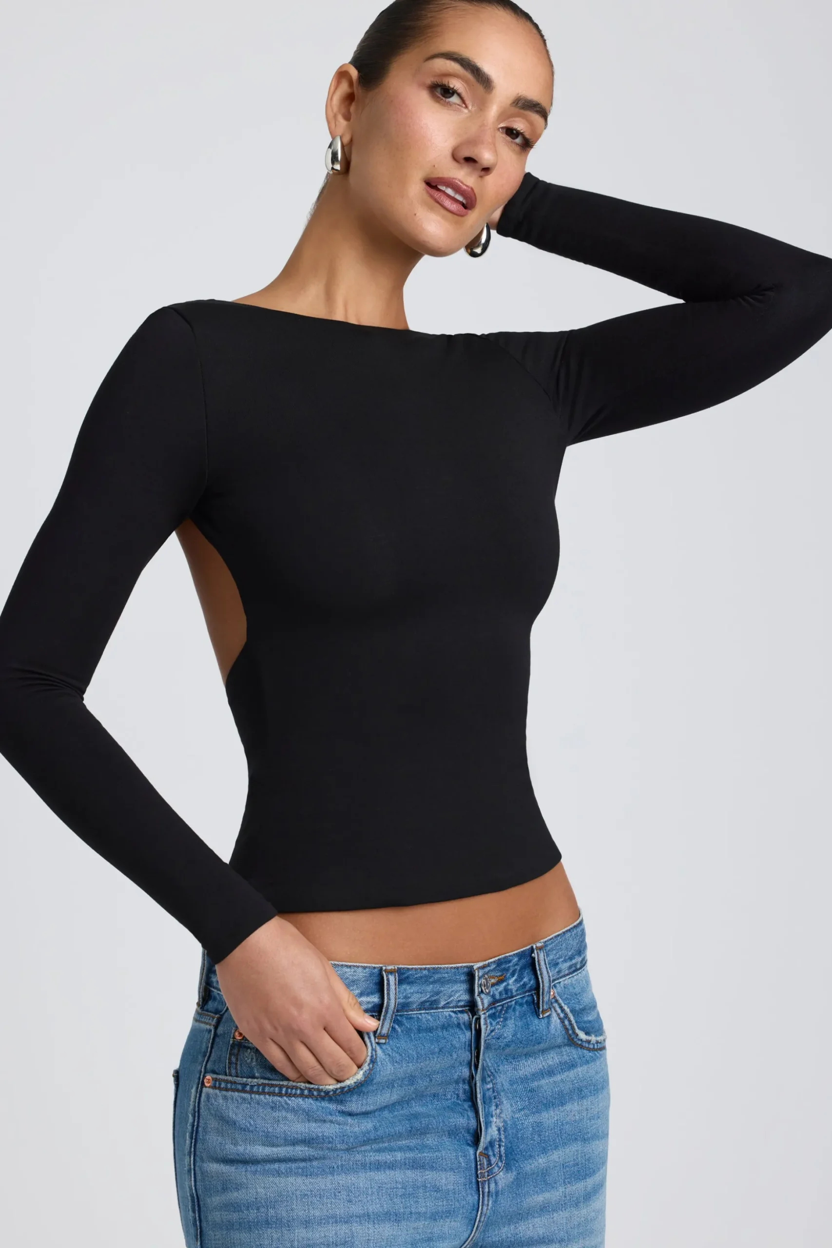 Oh Polly Co-Ords | Tops^Modal High Neck Long Sleeve Open Back Top in Black