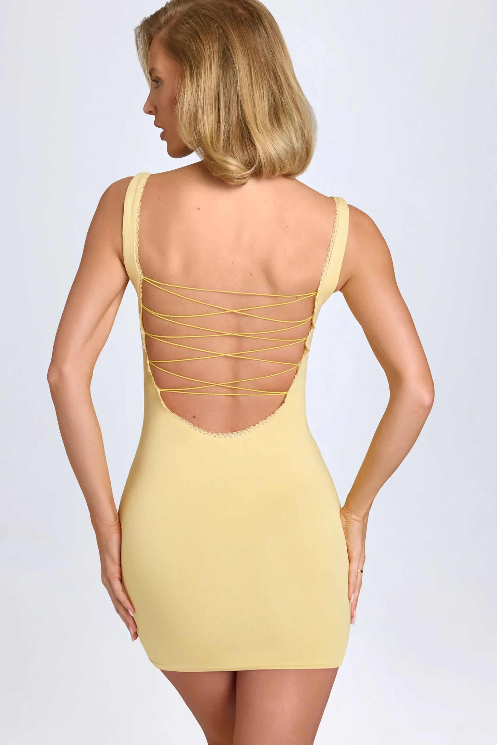 Oh Polly Tencel™ Modal Dresses^Modal Lace-Trim Bodycon Mini Dress in Pastel Yellow PastelYellow