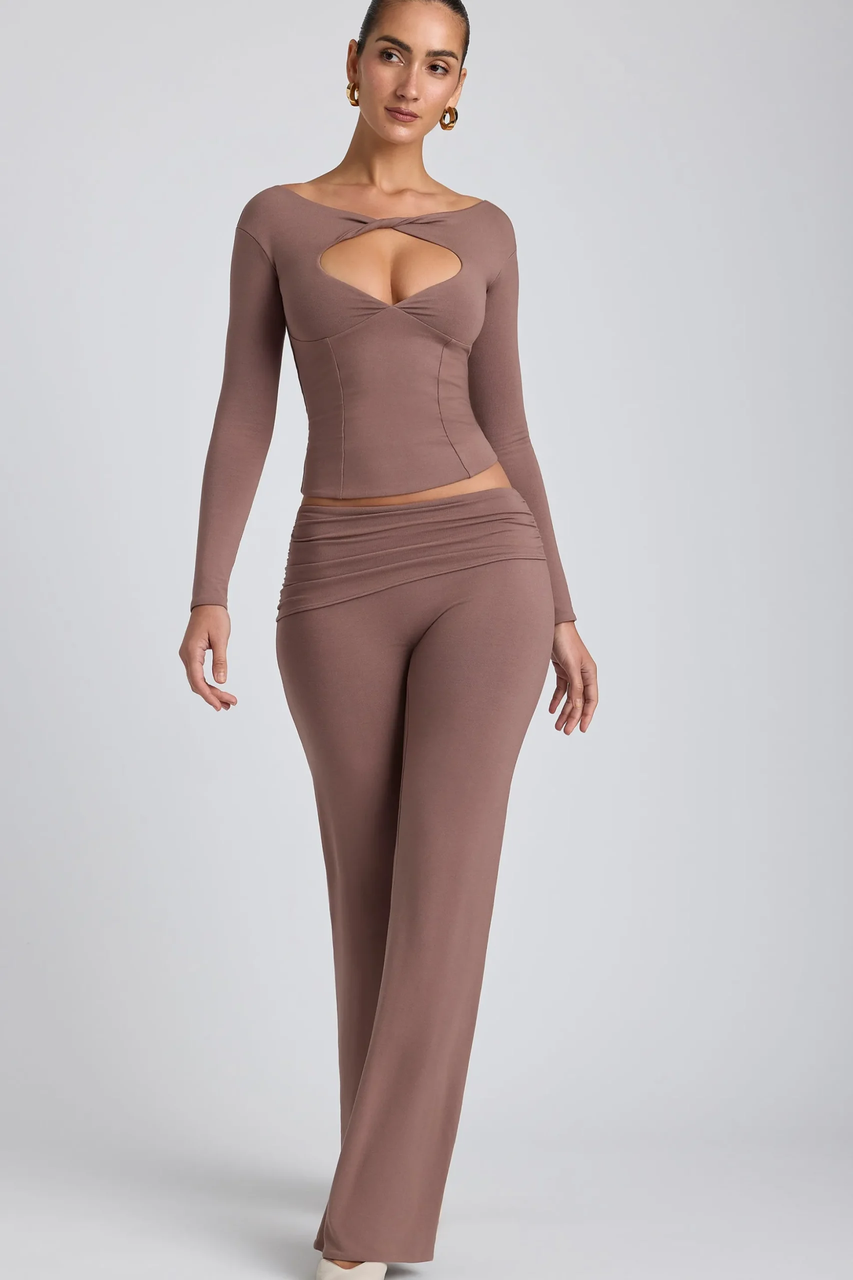 Oh Polly Bottoms | Co-Ords^Modal Mid-Rise Straight-Leg Trousers in Taupe