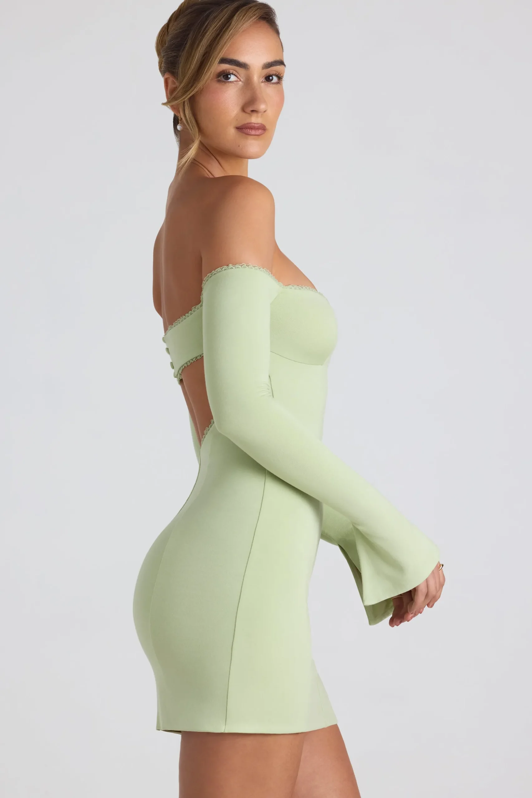 Oh Polly Night Out | Tencel™ Modal Dresses^Modal Off-Shoulder Lace-Trim Mini Dress in Spring Green SpringGreen