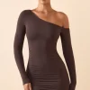 Oh Polly Fall Outfits^Modal Off-Shoulder Ruched Mini Dress in Chocolate Brown ChocolateBrown