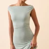 Oh Polly Fall Outfits^Modal Off-Shoulder Ruched A-Line Mini Dress in Smoke Green SmokeGreen