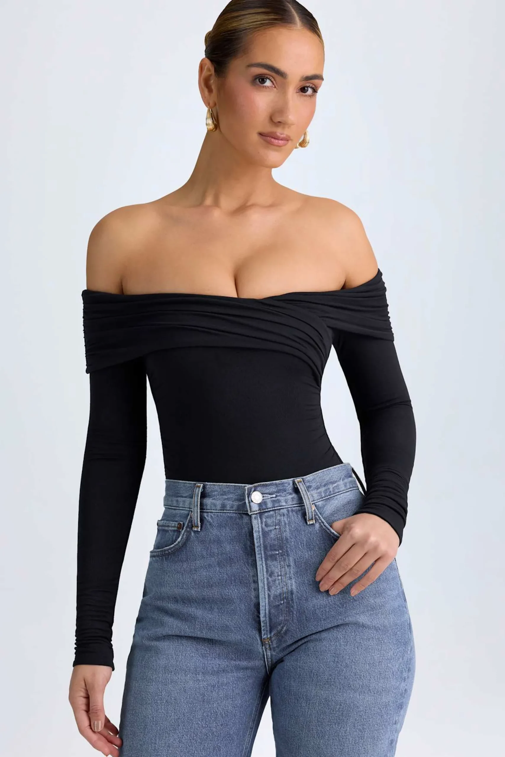 Oh Polly Tops^Modal Off-Shoulder Ruched Bodysuit in Black