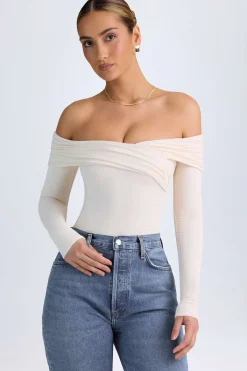 Oh Polly Tops^Modal Off-Shoulder Ruched Bodysuit in Ivory