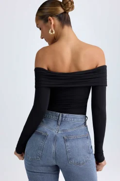 Oh Polly Tops^Modal Off-Shoulder Ruched Bodysuit in Black