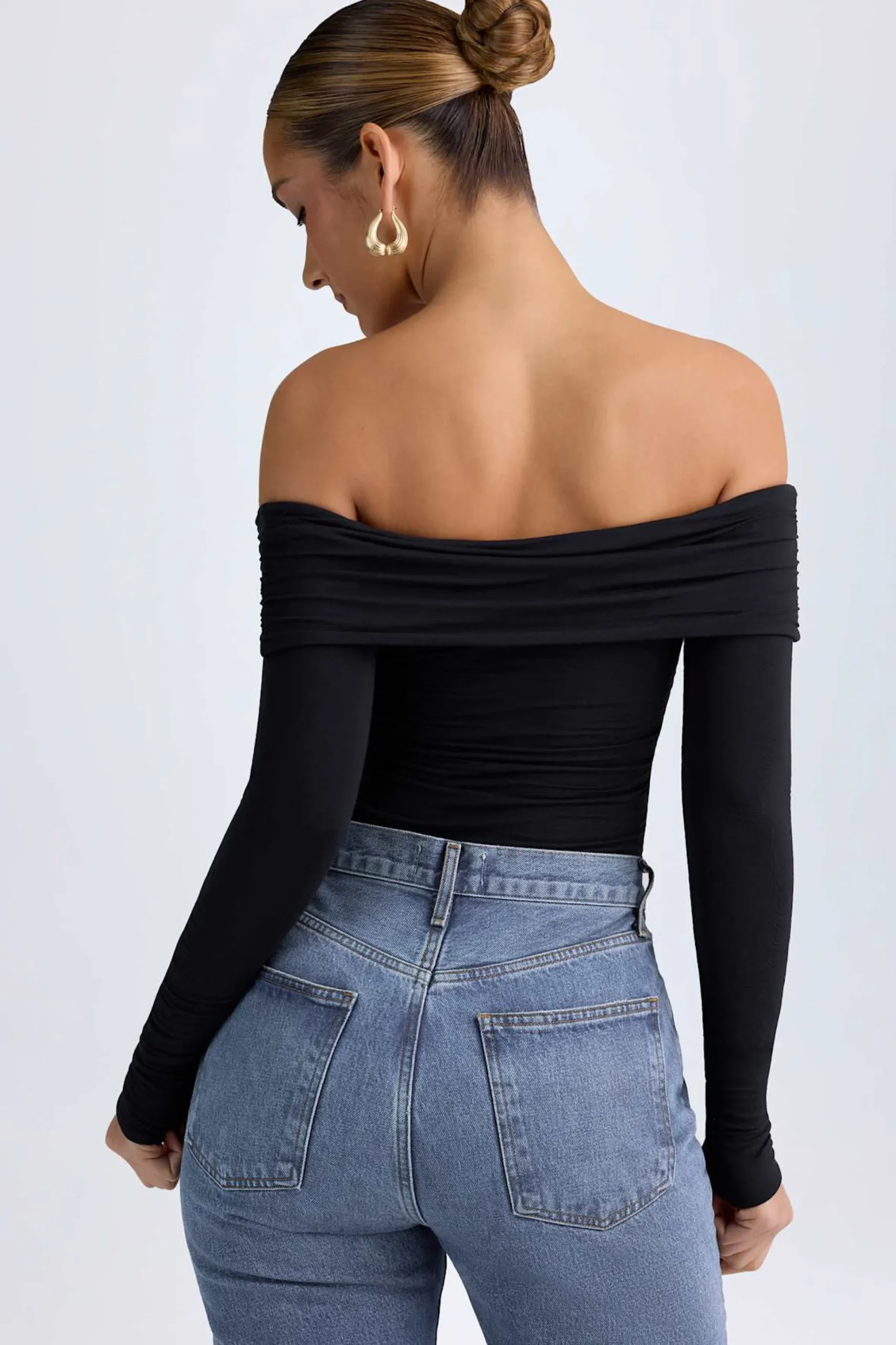 Oh Polly Tops^Modal Off-Shoulder Ruched Bodysuit in Black