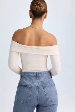 Oh Polly Tops^Modal Off-Shoulder Ruched Bodysuit in Ivory